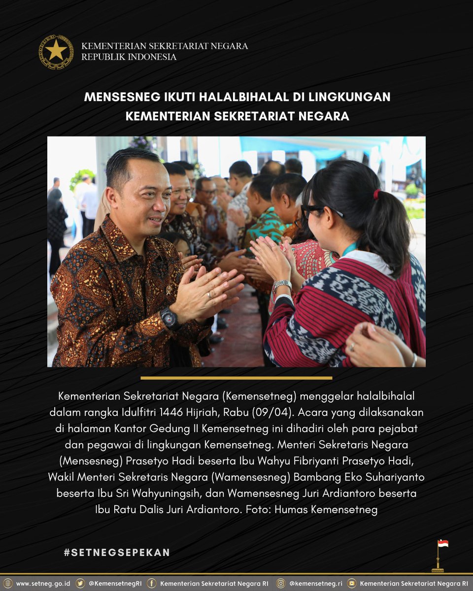 KemensetnegRI's tweet photo. 3. SETNEG SEPEKAN FOTO

Kumpulan foto highlight kegiatan Presiden, Wakil Presiden, Menteri Sekretaris Negara, dan Kementerian Sekretariat Negara selama sepekan Edisi 7-13 April 2025

#KemensetnegRI https://t.co/Vm1W7GgY44