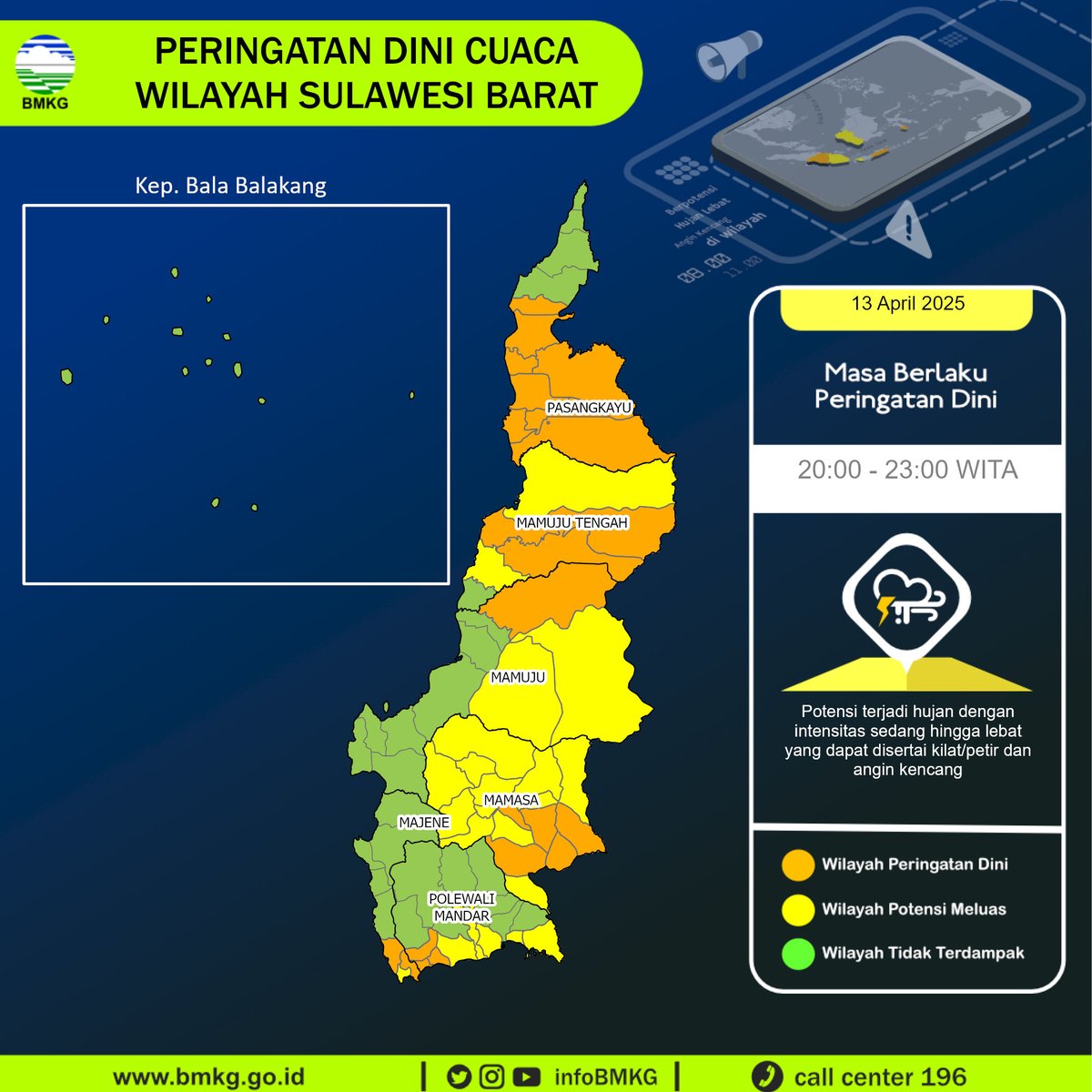 infoBMKG's tweet photo. Update Peringatan Dini Cuaca Wilayah - Sulawesi Barat Tgl. 13 April 2025 pkl. 20:00 WITA
Prakirawan - BMKG - Sulawesi Barat
https://t.co/WeqkUfdrIM https://t.co/ZmGqkYUJba
