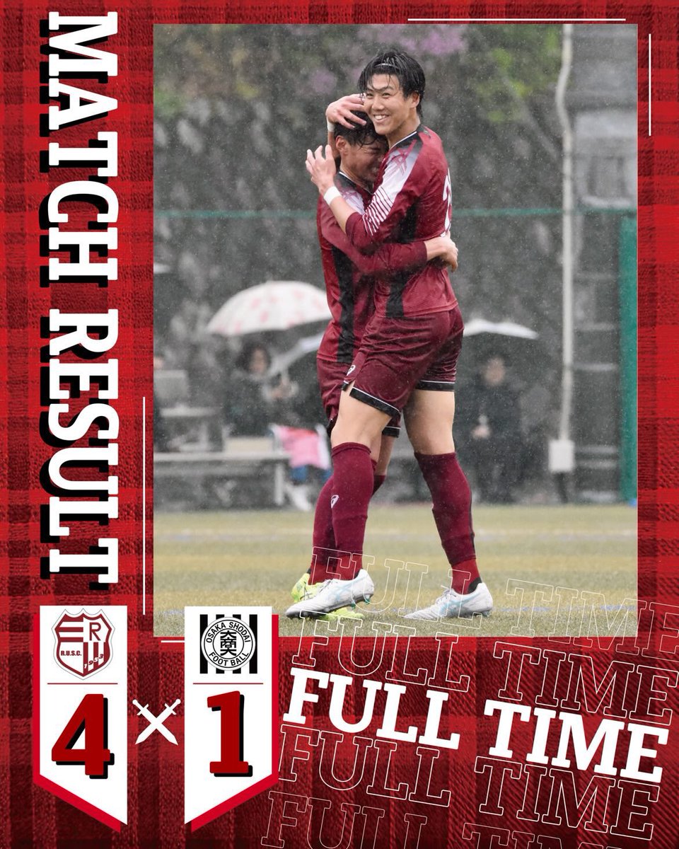 【試合結果】
第103回 関西学生サッカーリーグ前期 第3節
vs.大商学園大学
4月13(日) 14:15KO
@ 追手門学院大学

合計4-1

【得点】
野見
石川
守岡
吉田

応援ありがとうございました！

#立命館大学体育会サッカー部
#関西学生サッカーリーグ
#関西シグナルサービス
#まる整骨院
#まつおか鍼灸整骨院