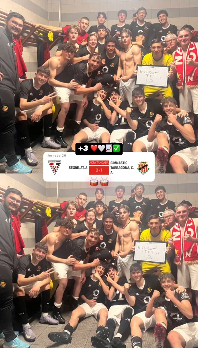 🤩👏 Sí, sí, sí! Per primera vegada aquesta temporada, triple victòria a Can Nàstic!

✅️ <a href="/NASTICTARRAGONA/">NÀSTIC DE TARRAGONA</a> (4-0)
✅️ <a href="/CFPoblaMafumet/">CF POBLA DE MAFUMET</a> (1-6)
✅️ Juvenil A <a href="/PlanterGrana/">PLANTER GRANA</a> (0-1)

🚀 A més, victòria també del Cadet A de <a href="/jordirojas2/">jordi rojas</a>.

Últims partits de lliga. FINS AL FINAL!! ❤️🤍