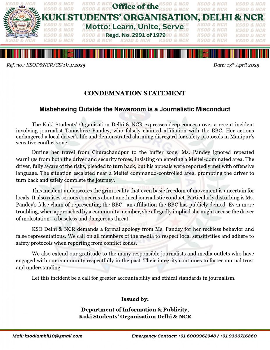 KSODelhi's tweet photo. CONDEMNATION STATEMENT
13th April 2025

Misbehaving Outside the Newsroom is a Journalistic Misconduct

The @KSODelhi expresses deep concern over a recent incident involving journalist #Tanushree Pandey, who falsely claimed affiliation with the #BBC. 
@BBCWorld 
@BBCBreaking https://t.co/HZywXhhZbb