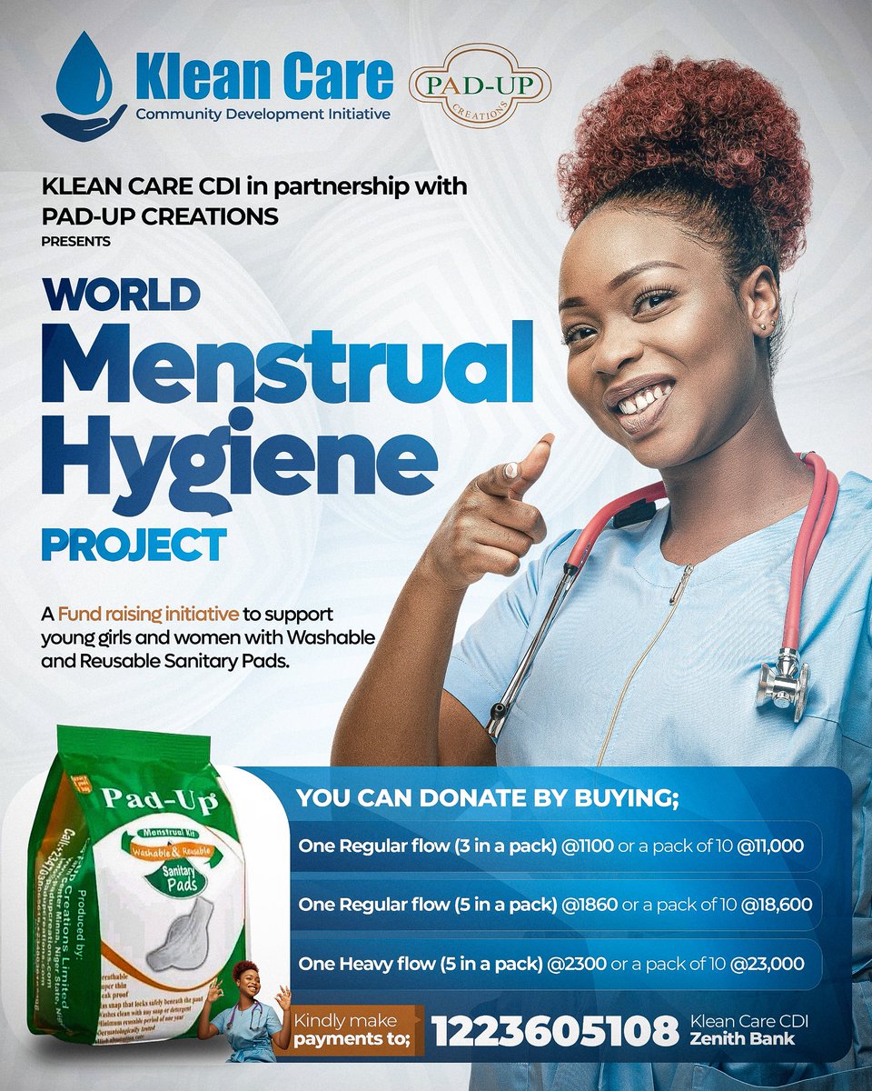 Mvnaaa___'s tweet photo. A friend’s NGO, Klean Care CDI and Pad-Up Creations are in partnership to raise funds to support vulnerable young girls and women with washable and Reusable sanitary pads.

To support this initiative, kindly donate into the account details below:

Account Name: Klean Care CDI
Account number: 1223605108
Bank: Zenith.
