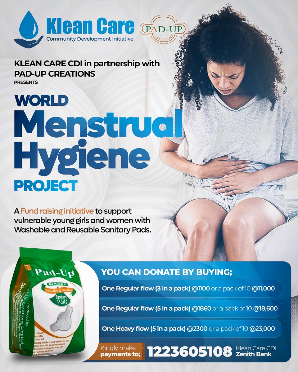 Mvnaaa___'s tweet photo. A friend’s NGO, Klean Care CDI and Pad-Up Creations are in partnership to raise funds to support vulnerable young girls and women with washable and Reusable sanitary pads.

To support this initiative, kindly donate into the account details below:

Account Name: Klean Care CDI
Account number: 1223605108
Bank: Zenith.