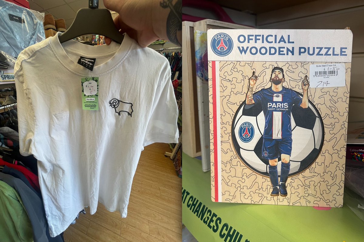 #charityshopfinds Swadlincote
🏉 Lots of rugby items 
🐏 Derby County Umbro t shirt
🐐 Messi PSG wooden puzzle