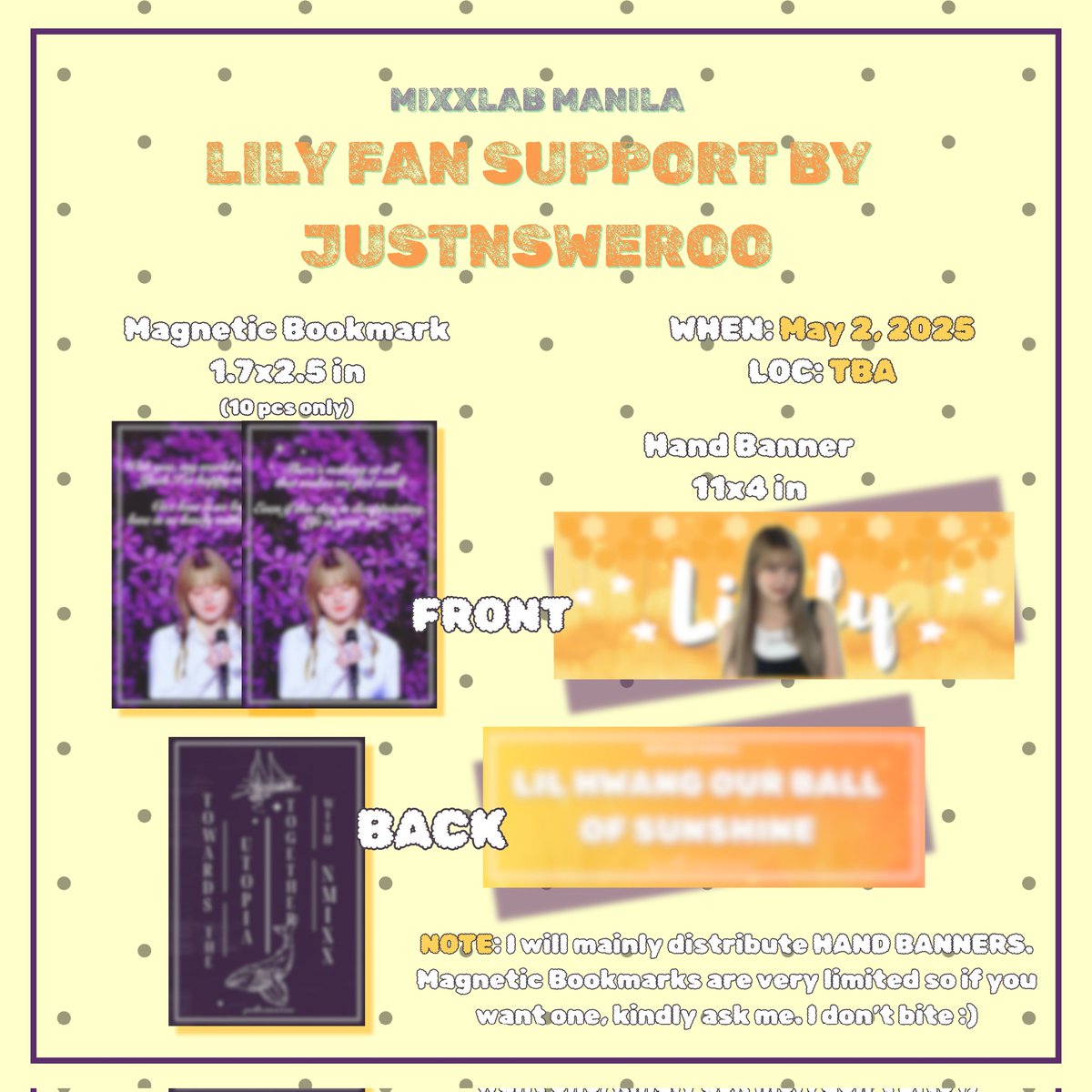 justnsweroo's tweet photo. LILY mini fan project @ #MIXX_LAB_MANILA (05-02-25)

🍃 RT to spread
🍃 Bookmark/save this post so you'll know where to find me on d-day! (Will qrt the loc)
🍃 Read NOTE (see pic)
🍃 NO need to follow

Strictly 1:1

More details abt the design soon! #릴리 #엔믹스 #릴리의버블모험 https://t.co/ohuYK1VQi4