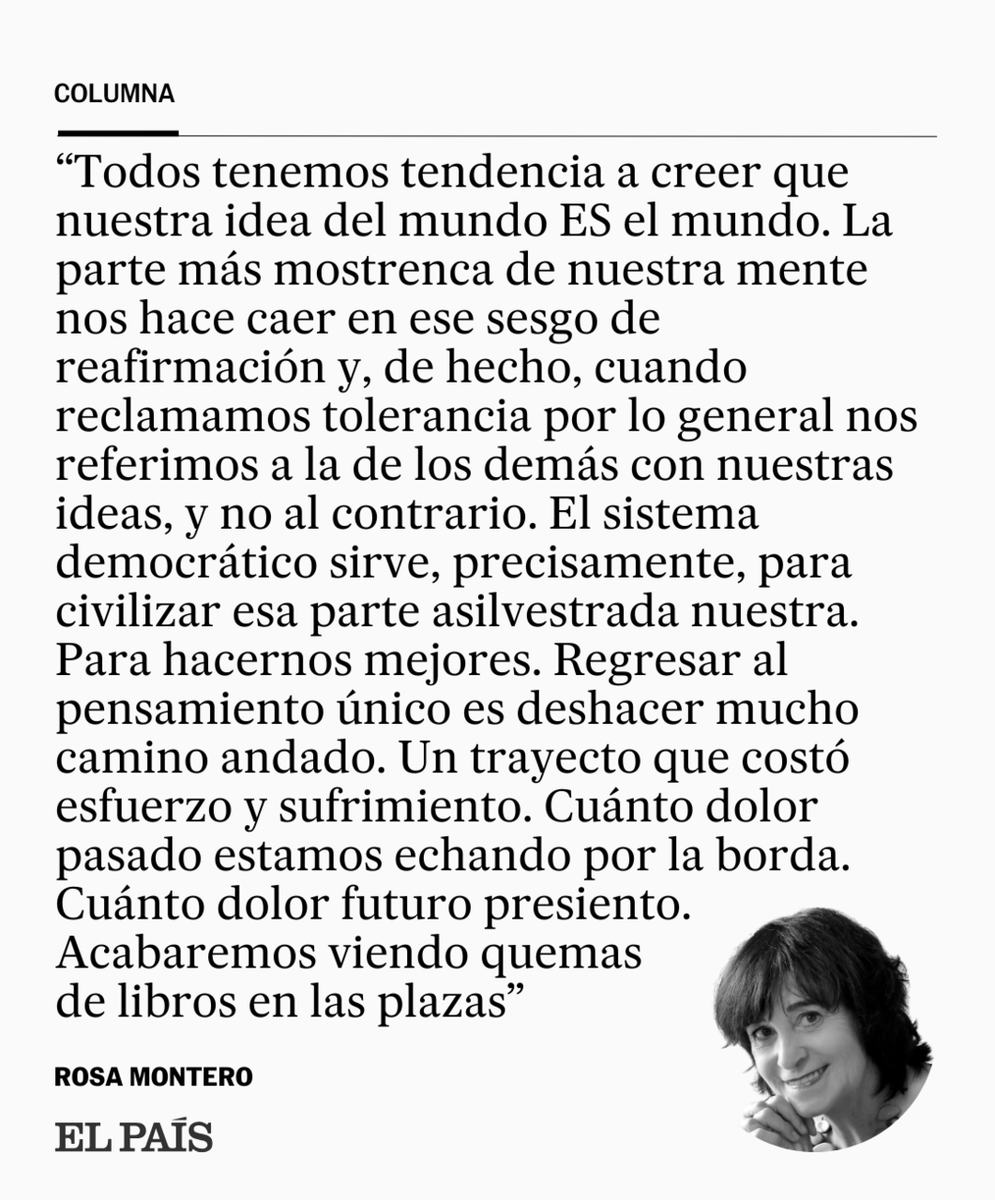 el_pais's tweet photo. Opinión | "Cuanto más autoritaria y tiránica sea una sociedad, más estrecha, artificial e intolerante será la verdad que sostiene, una verdad de bordes como cuchillas que cercenan cualquier versión diferente", por Rosa Montero https://t.co/tOjFsI1jUs https://t.co/zeCthIwcK0