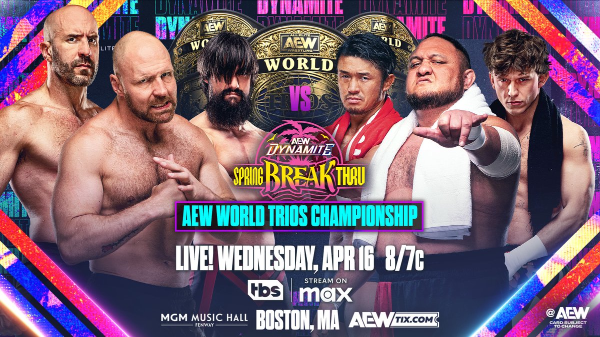 All Elite Wrestling (@aew) on Twitter photo #AEWDynamite Spring BreakThru
Wed. 4/16
8pm ET/7 CT, TBS + Max
With PAC hurt, World Champion <a href="/JonMoxley/">Jon Moxley</a> will team with Death Riders <a href="/ClaudioCSRO/">Swiss</a> + <a href="/WheelerYuta/">YUTA</a> vs undefeated trio The Opps <a href="/SamoaJoe/">Samoa Joe</a> @730HOOK+ <a href="/K_Shibata2022/">柴田勝頼 / Katsuyori Shibata</a> with the undisputed AEW Trios Title at stake Wednesday! #AEWDynamite Spring BreakThru
Wed. 4/16
8pm ET/7 CT, TBS + Max
With PAC hurt, World Champion <a href="/JonMoxley/">Jon Moxley</a> will team with Death Riders <a href="/ClaudioCSRO/">Swiss</a> + <a href="/WheelerYuta/">YUTA</a> vs undefeated trio The Opps <a href="/SamoaJoe/">Samoa Joe</a> @730HOOK+ <a href="/K_Shibata2022/">柴田勝頼 / Katsuyori Shibata</a> with the undisputed AEW Trios Title at stake Wednesday!