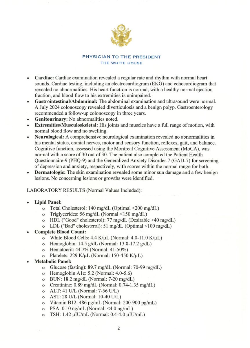 JReinerMD's tweet photo. The White House has released the results of the president’s recent physical exam. The disclosed data is reassuring. The president was also evaluated by 14 consultants. Which medical specialties evaluated the president and their findings were not released. https://t.co/hobD3hMgD9