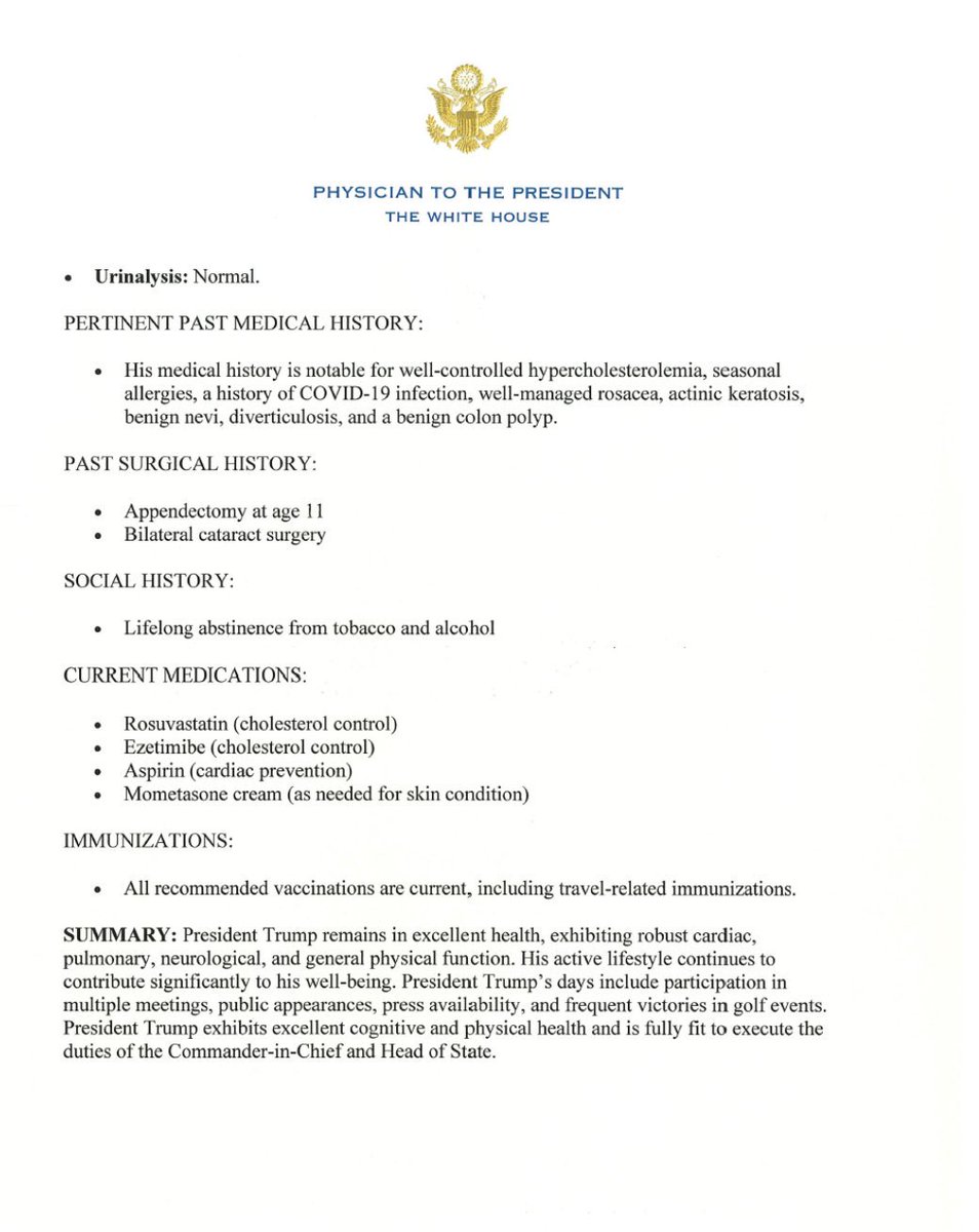 JReinerMD's tweet photo. The White House has released the results of the president’s recent physical exam. The disclosed data is reassuring. The president was also evaluated by 14 consultants. Which medical specialties evaluated the president and their findings were not released. https://t.co/hobD3hMgD9