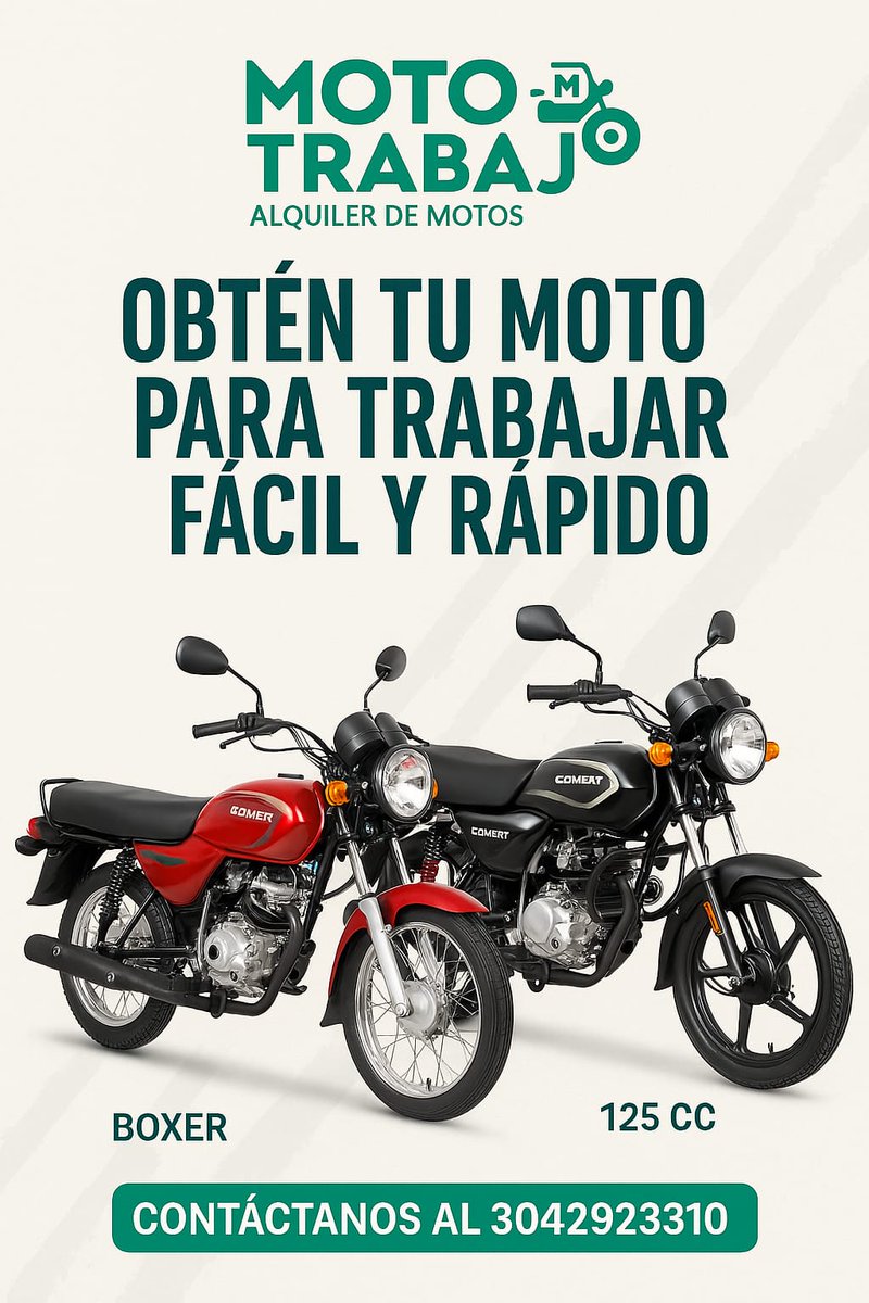 moto_trabajo's tweet photo. Obtén tu motocicleta para trabajar fácil y rápido con Moto Trabajo. Llama o escribe al +573042923310 y te explicaremos cómo. #mototrabajo #alquilerdemotos #renting #picap #uber #rappi #didi #yango #app https://t.co/Pv8So8BhCD