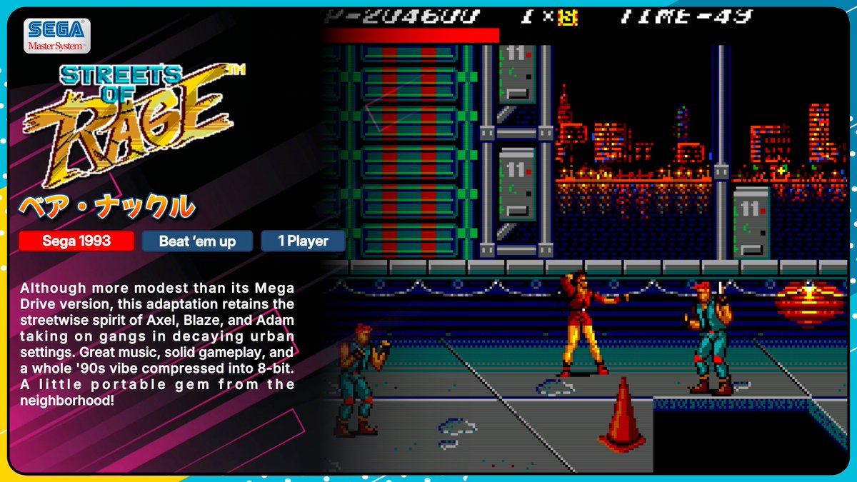 VcsRetro's tweet image. ╭🔰 Streets of Rage
┆🇯🇵 ベア・ナックル
┆🎮 Sega Master System
┆🕹️1⃣ ᴘʟᴀʏᴇʀs
┆🧩 Beat ‘em up
┆📅 Sega 1993
╰ ┄  ┄ ╯
#RetroGaming #StreetsOfRage #SegaMasterSystem #BareKnuckle #フォロバ100 #いいねした人全員フォローする