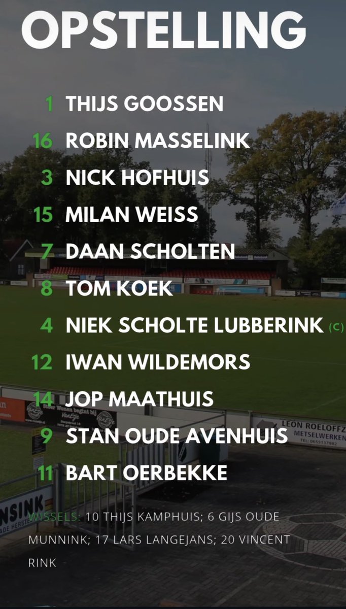 15 minuten tot de aftrap. Bijgaand de opstelling van trainer John Gielink.