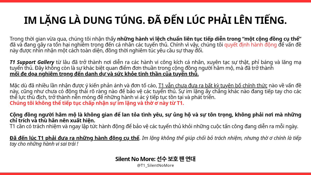 글로벌 팬들을 위해 성명문을 한국어, 중국어, 베트남어, 영어로 배포하였으며, 이는 T1 측에 모두 전달될 예정입니다.

#티응갤OUT
#SilentNoMore
#선수보호팬연대

🔗: forms.gle/HKzDq8xFuA3CWC…

For our global fans, the statement has been released in Korean, Chinese, Vietnamese, and