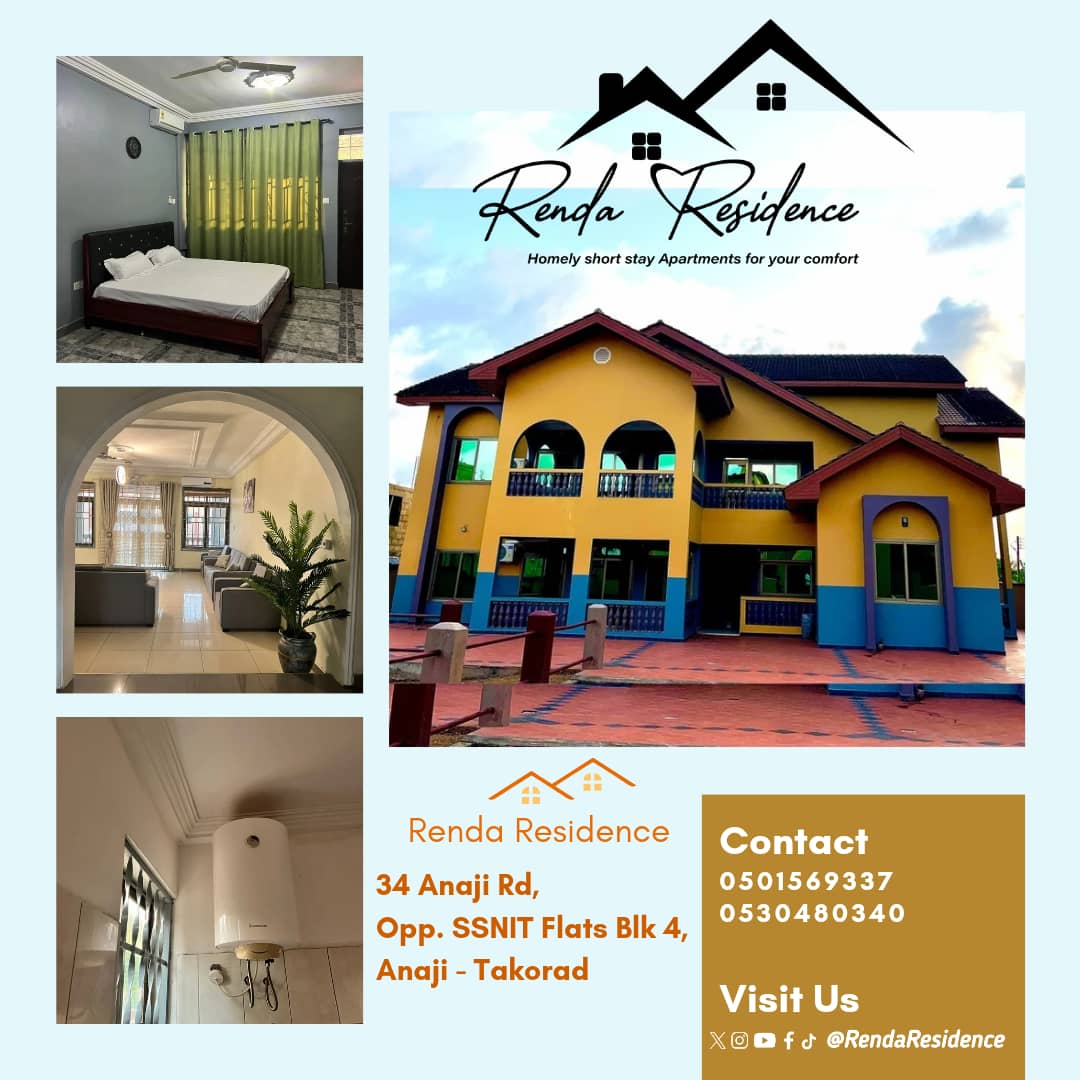 Looking for the perfect space for your stay or event in Takoradi?
Renda Residence Anaji offers cozy, homely short-stay apartments at affordable rates!

Find us at:
34 Anaji Rd, Opp. SSNIT Flats Blk 4, Anaji – Takoradi

Book now:
0501569337
0530480340
0201510598
#RendaResidence