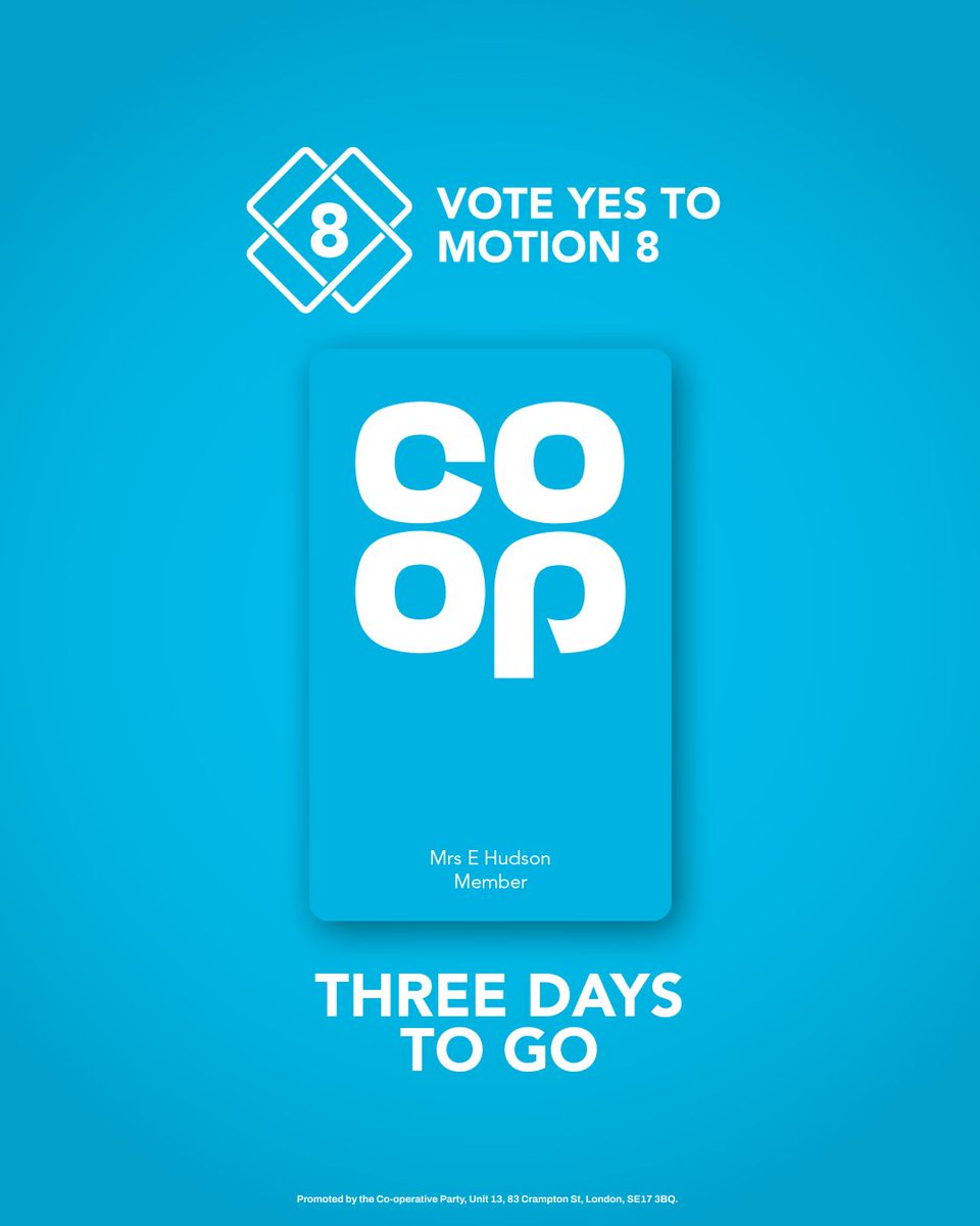 3️⃣ days to go!

<a href="/coopuk/">Co-op</a> members eligible will start voting on Wednesday, ahead of their AGM.

You can vote for Motion 8 when ballots drop, and it's as easy as opening the Co-op app.

x.com/CoopParty/stat…