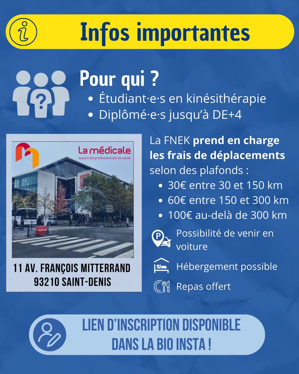 🔵 JOURNÉE DE RENCONTRES ET D’ÉCHANGES AUTOUR DE LA PROFESSION 🟡

La FNEK a le plaisir de vous proposer une journée de #formations pour tou·te·s les étudiant·e·s en #kinésithérapie et les diplômé·e·s jusqu’à DE+4. ❗️

📅 26 avril 2025
📍 11 Avenue F. Mitterand, 93210 Saint-Denis