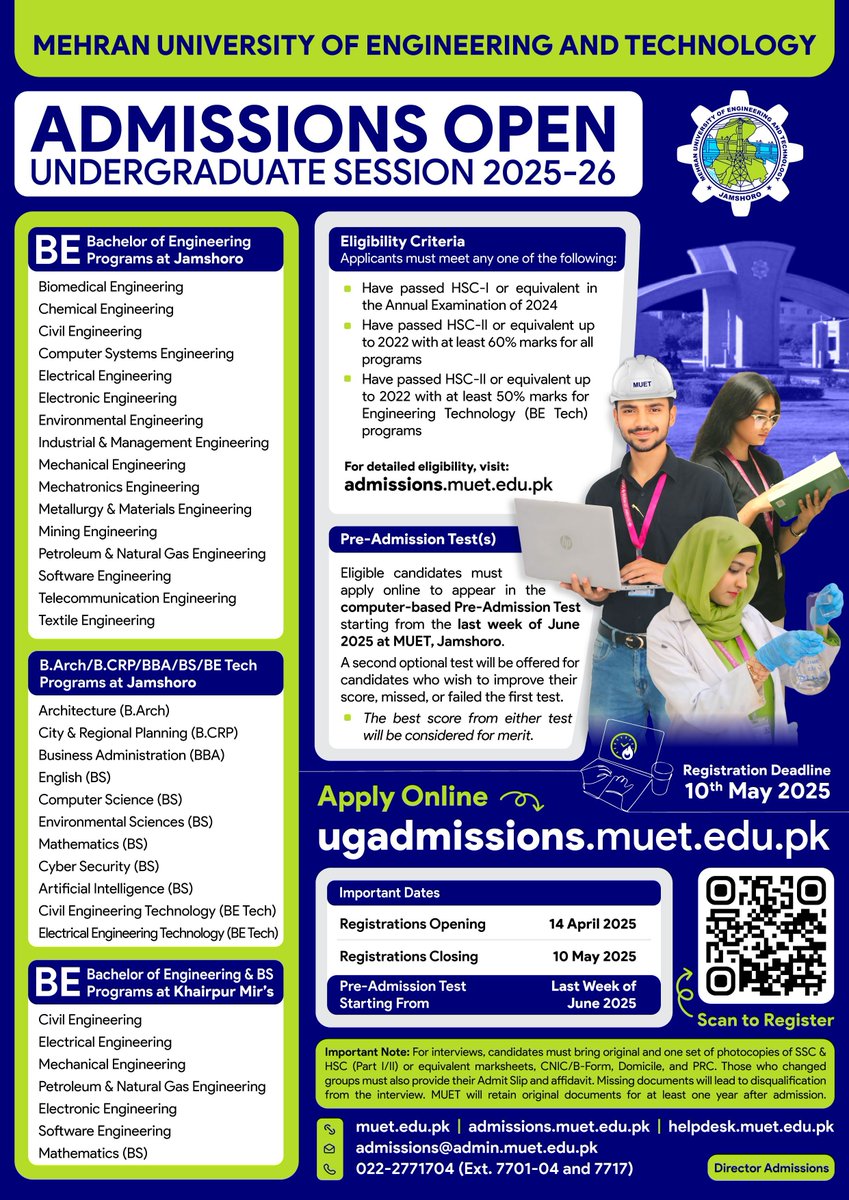 MUET UG Admissions 2025-26 are OPEN!

Apply for BE, B.Arch, BBA, BS, BE Tech &amp; more.

Last date: May 10, 2025
Apply now: ugadmissions.muet.edu.pk

#MUET2025 #AdmissionsOpen #StudyAtMUET