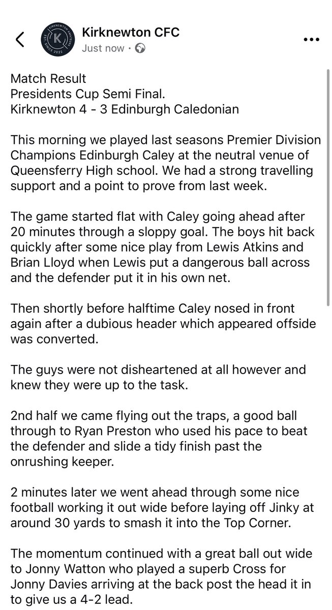 kirkyfc2022's tweet photo. Match Report from todays game with @EdburghCaleyFC
4-3 Win against a Top side. 

Chuffed with the lads after a hard first season in the Premier.  
All the best To the caley lads https://t.co/M198TtKDiS
