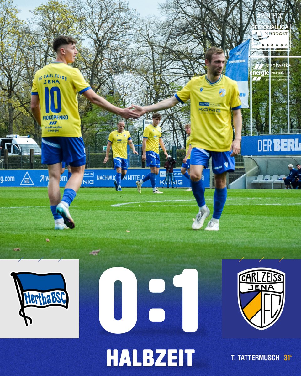 fccarlzeissjena's tweet photo. 𝑯𝑨𝑳𝑩𝒁𝑬𝑰𝑻
Wir führen zur Halbzeitpause durch den Treffer von Ted Tattermusch in der 31. Minute mit 1:0 ⚽
#FCC #MehrAlsFussball #BSCFCC #fccarlzeissjena #regionalliga #regionalliganordost #meistermüssenaufsteigen https://t.co/qHCQ8hjZFD