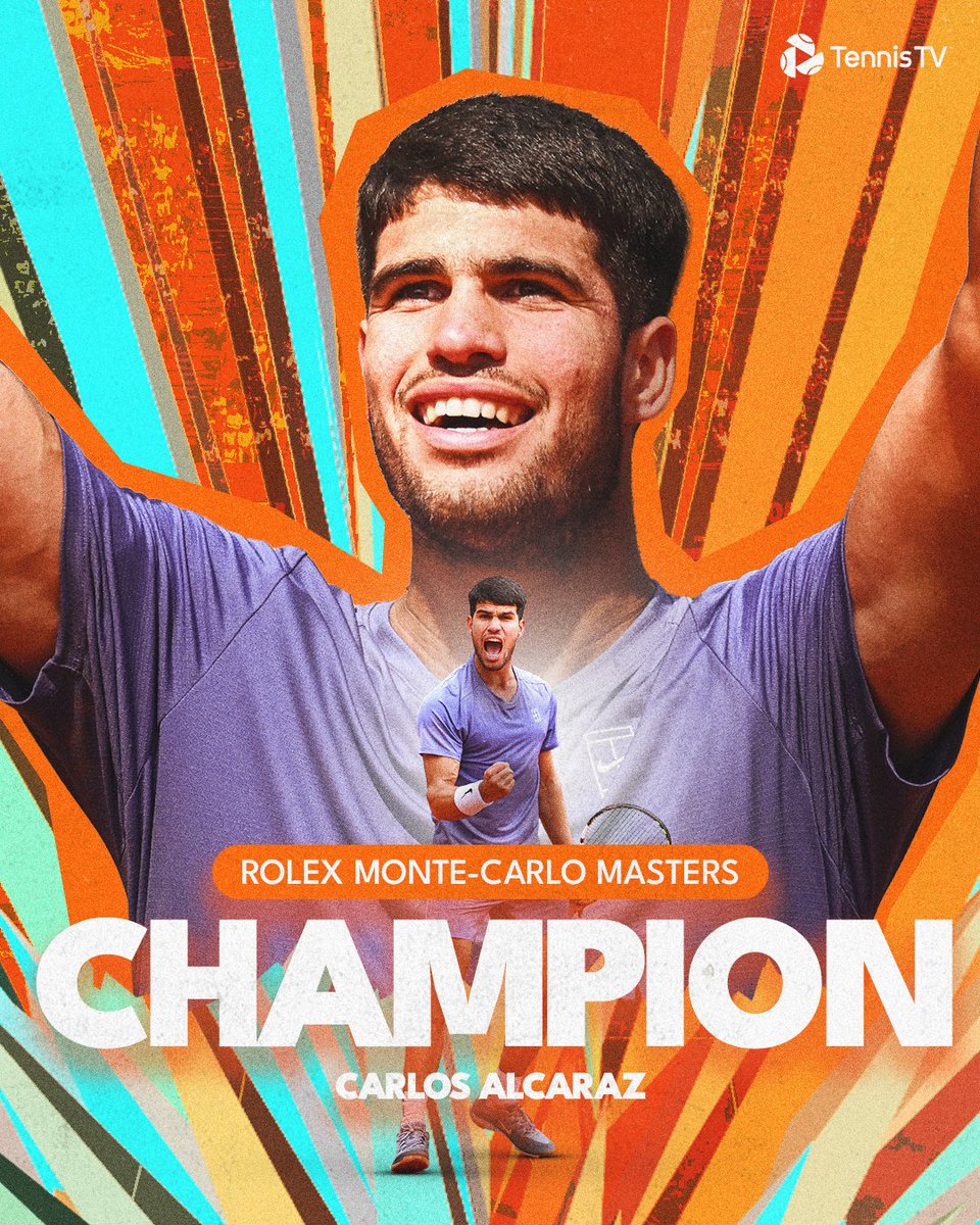 TennisTV's tweet photo. Claylitos is BACK 🧱🔥

At just 21, @carlosalcaraz defeats Musetti 3-6 6-1 6-0 to win his first @ROLEXMCMASTERS title!

#RolexMonteCarloMasters https://t.co/wsWttRf1wl