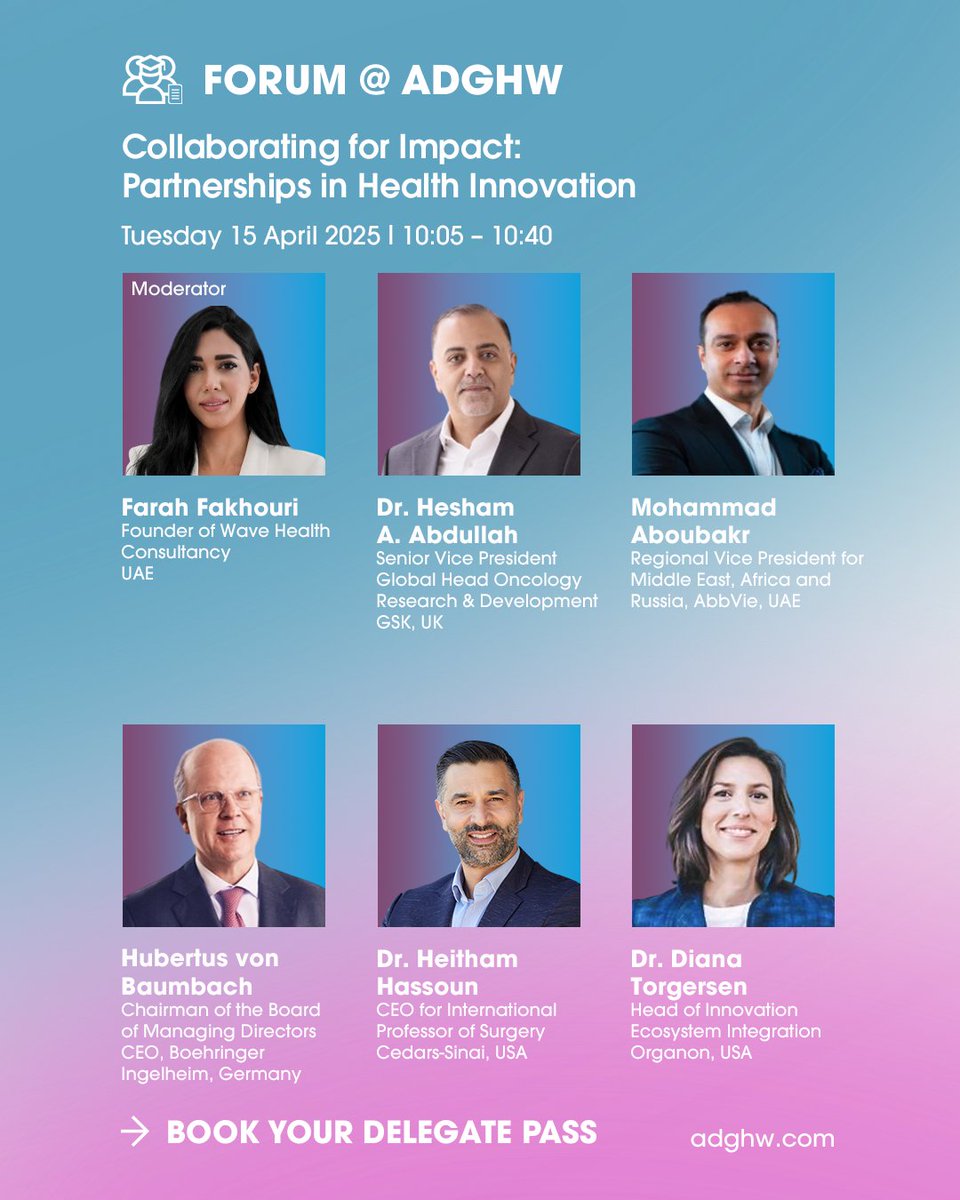 FutureHealthAD's tweet photo. How are partnerships among researchers, healthcare providers, and industry leaders accelerating breakthroughs in global health? This panel discussion at the Forum @ ADGHW will explore just that, highlighting new models for collaboration, ethical data use, and regulatory strategies.

We’re looking forward to welcoming:
• Dr. Hesham A. Abdullah, @GSK, UK
• Mohammad Aboubakr, Regional Vice President-Middle East, Africa and Russia CIS, @abbvie, UAE
• Hubertus von Baumbach, CEO, Boehringer Ingelheim
• Dr. Heitham Hassoun, Chief Executive International, Cedars-Sinai, UAE
• Dr. Diana Torgerson, Ecosystem Integration, @OrganonLLC 

Moderator: Farah Fakhouri, Founder of @WAVEHealthCons1, UAE

Book your delegate pass: https://t.co/5kT0Uj4Hxa

#ADGHW #AbuDhabi #DoH #FutureofHealth #GlobalHealth #TowardsLongevityRedefiningHealthAndWellBeing @dohsocial