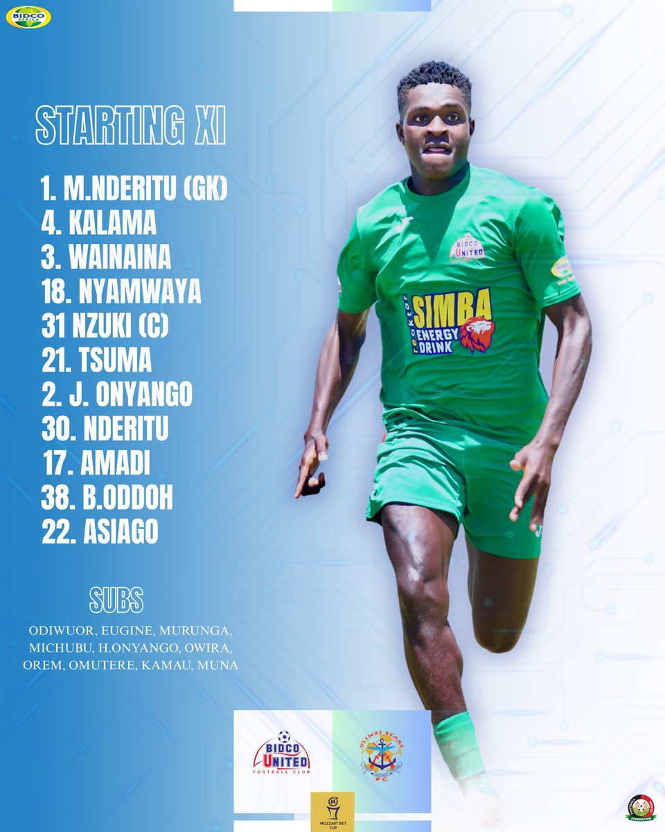 BidcoUnited's tweet photo. Team news: 
This is how we line up against Ulinzi today. 

#wearebidco https://t.co/fjuu45NNCl