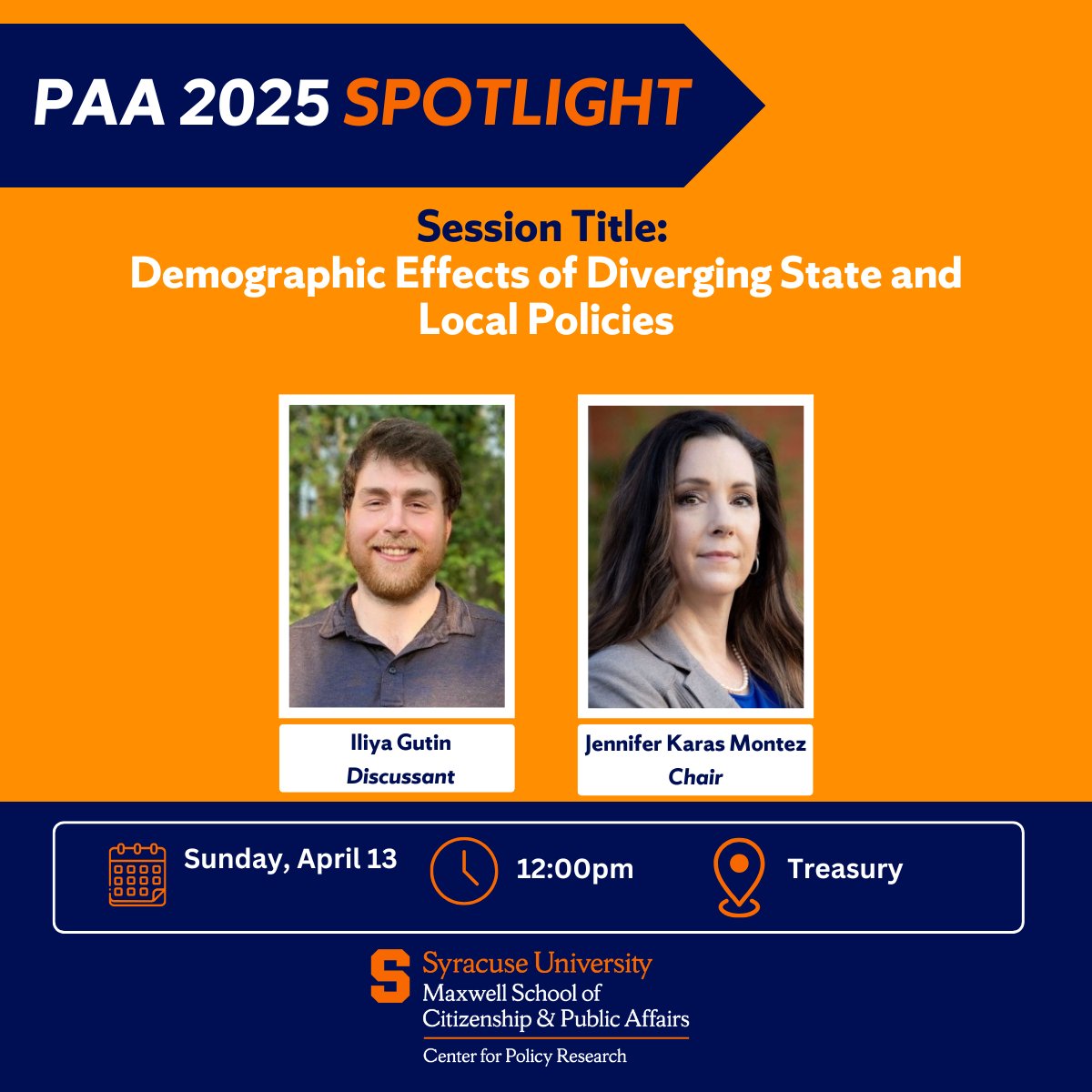 Today at #PAA2025! CPR Affiliates, Jennifer Karas Montez and Iliya Gutin will participate in the session, "Demographic Effects of Diverging State and Local Policies". <a href="/PopAssocAmerica/">PAA</a>