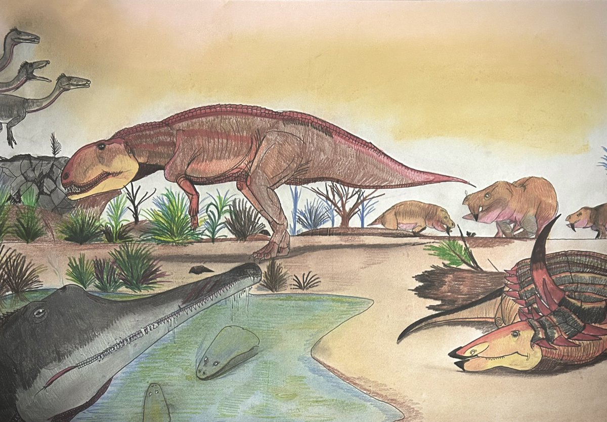 Sin_kyouryu_Esi's tweet photo. 今日のお絵描き
三畳紀後期北アメリカの古生物たち
(@neorexy6500 氏のリクエスト作品)
三畳紀の古生物は大絶滅後の適応放散の結果面白い形態の子が多いから、もっと流行ってほしい…!
(出演古生物)
#Postosuchus
#Rutiodon
#Coelophysis
#Placerias
#Desmatosuchus
#Anaschisma https://t.co/WbqY54QUwq