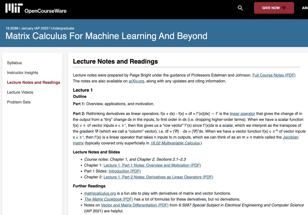 trawasthi_ai's tweet image. Matrix Calulus for Machine Learning and Beyond
- by MIT OpenCourseWare
A brilliant resource for learning and practicing Matrix and Vector Calculus, provided with
- PDF Notes,
- Jypyter Notebook code,
- and Lecture videos (8 lectures)
Save it and thank me later🔖.