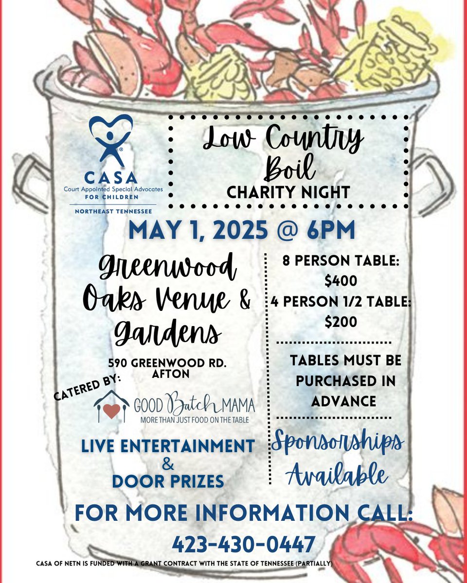 We're excited to announce the upcoming Low Country Boil will be catered by @GoodBatchMama! Don't miss your chance to get a seat at the table! Get your tickets now casanetn.org/news-events/ev….