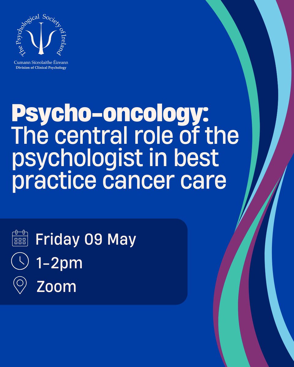 Psychological Society of Ireland (@psychsocireland) on Twitter photo Join <a href="/DCPPSI/">PSI Clin. Psychology</a> for this webinar on the vital role of psychologists in cancer care, with Dr Natalie Hession. Drawing on 20 years of experience, Dr Hession will explore the key contributions and challenges in psycho-oncology.
Don't miss out - register now: bit.ly/48xE1 Join <a href="/DCPPSI/">PSI Clin. Psychology</a> for this webinar on the vital role of psychologists in cancer care, with Dr Natalie Hession. Drawing on 20 years of experience, Dr Hession will explore the key contributions and challenges in psycho-oncology.
Don't miss out - register now: bit.ly/48xE1