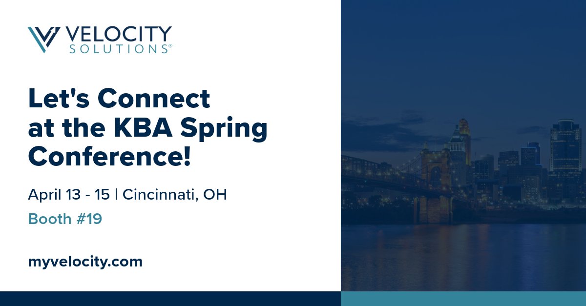 GoMyVelocity's tweet photo. Heading to the KBA Spring Conference in Cincinnati? Stop by Booth #19 to discover how Velocity can empower your team with the tools, training and insights needed to navigate today's complex regulatory landscape. @theKBA

See you there! https://t.co/wsiz42p7sL