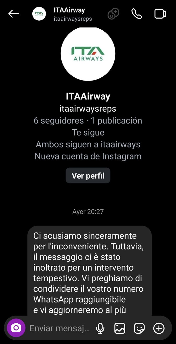 animorg90's tweet image. This account stills contacts that write a claim in on @ITAAirways posts to assist you through WhatsApp and ask for sensitive information #scam #ItaAirways #estafa