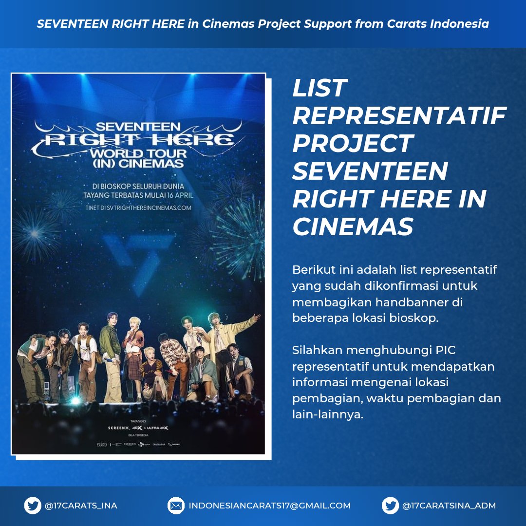 17CARATS_INA's tweet image. [#PROJECT] Berikut ini detail representatif untuk SEVENTEEN RIGHT HERE in Cinemas Project Support from CARATs INDONESIA

🗓️ 16 - 20 April 2025
📍Tertera di gambar sesuai daerah masing-masing 

@pledis_17 #SEVENTEEN #세븐틴