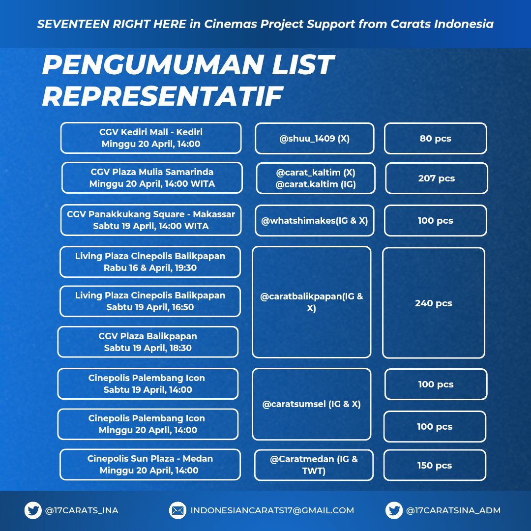 17CARATS_INA's tweet image. [#PROJECT] Berikut ini detail representatif untuk SEVENTEEN RIGHT HERE in Cinemas Project Support from CARATs INDONESIA

🗓️ 16 - 20 April 2025
📍Tertera di gambar sesuai daerah masing-masing 

@pledis_17 #SEVENTEEN #세븐틴