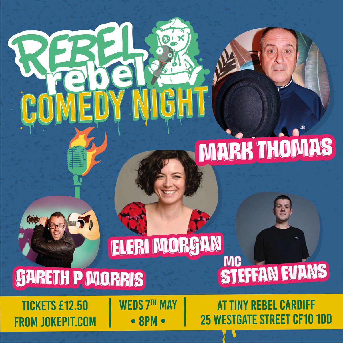We are delighted to welcome the wonderful Mark Thomas back to Rebel Rebel on May 7th 2025.

Mark is supported by the ace Eleri Morgan and the hilarious Gareth P Morris, with Steffan Evans on regular MC  duties!

This will sell quickly - book below!!

Go!

jokepit.com/comedy-in/card…
