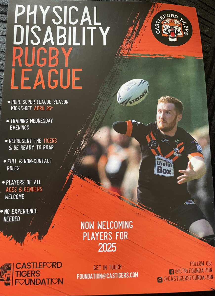 Castleford PDRL Are looking for players for the upcoming season! 

Great set of lads. 

If you've ever had a injury that is long term, a physical disability then come and give it a try! We would love to meet you.

#COYF 🐯