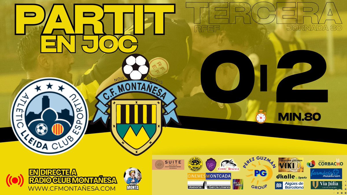 Montanyesa1927's tweet photo. 🟡⚫️ DIRECTO MONTA: Quin partit!!!! Quina segona part dels nostres. Recta final amb tranquilitat.

Recordeu que el podeu escoltar en directe a #RadioClubMontañesa
👇🏻👇🏻👇🏻
https://t.co/7vKjdkm72Y…

@atletic_lleida 
#AtLleidaMonta
#Tercerarfef https://t.co/P3vLs1oFCm