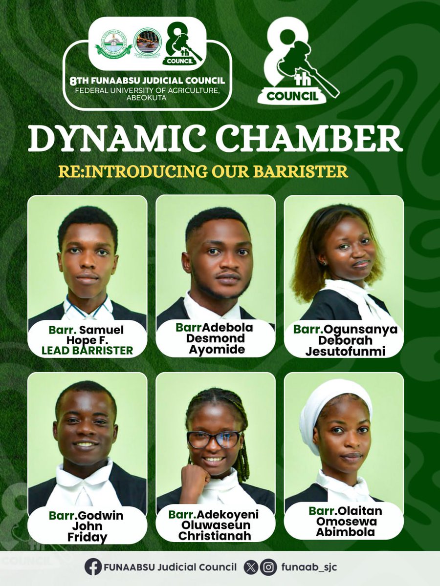 funaabsujc's tweet photo. Re introducing the Dynamic Chamber:
Dynamic Chamber is home to a team of talented, forward-thinking barristers who are committed to excellence in advocacy, legal strategy, and client care. 
#funaabsug #funaabsujudicialcouncil #8thfjc #funaabsuleadership https://t.co/PzPBkqDVvY