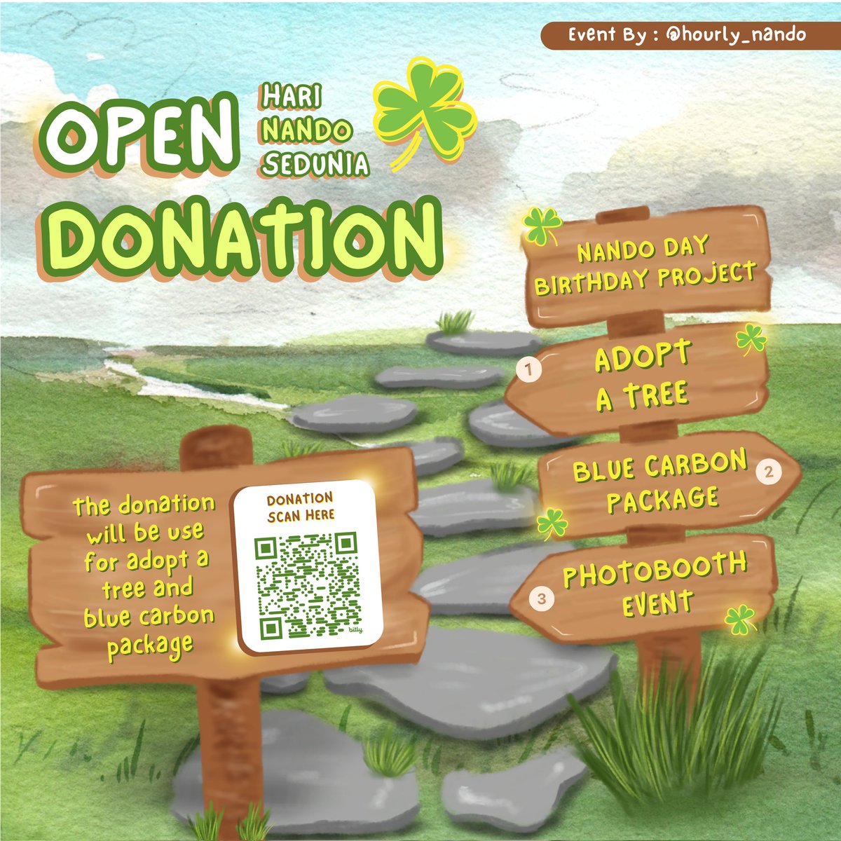 hourly_nando's tweet photo. 🎁 𝙊𝙥𝙚𝙣 𝘿𝙤𝙣𝙖𝙩𝙞𝙤𝙣 for Nando 23rd Day 🎁

Hi, nandomania! the donation for #nando birthday is now open! any amount of donations would be very helpful. Let's make the earth happy with #nandosedunia 🌎💚

🔗 https://t.co/OBvfIzTgAZ
🗓️ Until 10th May

#HariNandoSedunia 🌳 https://t.co/KppMTLryJP