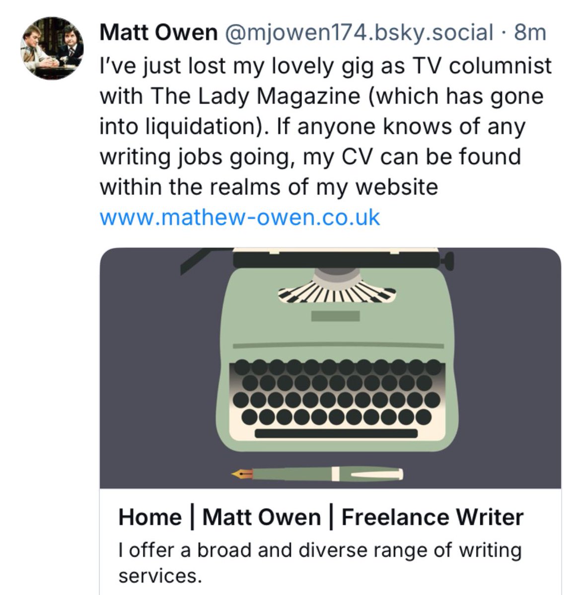 Matt isn’t on here anymore but if you could retweet this I’d really appreciate it. 
mathew-owen.co.uk