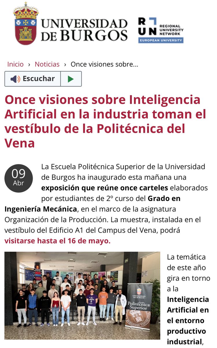 Otro año más, me enorgullece anunciar la 11ª exposición de carteles de los alumnos de 2º del Grado en Ingeniería Mecánica de la asignatura de Organización de la Producción: GRACIAS X VUESTRO TRABAJO ubu.es/noticias/once-… <a href="/actualidadUBU/">Actualidad en la UBU</a> <a href="/UBUCultura/">UBU Cultura</a> <a href="/UBUinvestiga/">UBUinvestiga</a> <a href="/UBUEstudiantes/">Universidad Burgos</a>