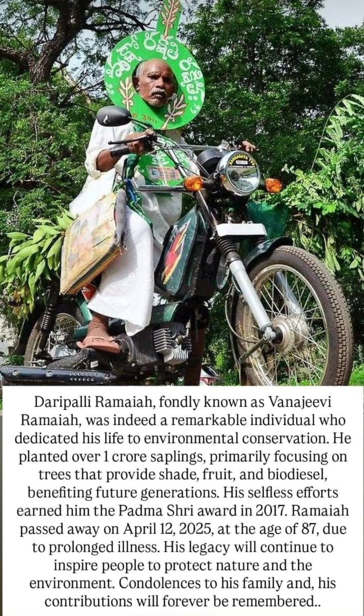 spadithya11's tweet photo. Daripalli Ramaiah, who planted more than 1 core saplings. He was also awarded the Padma Shri award 2017.
His dedication to greenery will forever remain etched in our hearts. May his legacy continue to inspire generations to come. Heartfelt tribute to the true "Tree Man of India" https://t.co/g4MA3Gge3D