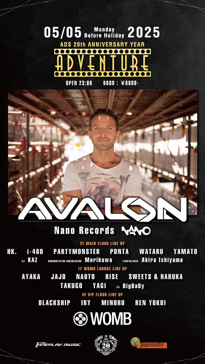 いよいよG.W 5/5(月-祝前日)
🎊㊗️ADS 20th Anniversary Party㊗️🎊
＝ADVENTURE＝
<a href="/WOMB_Tokyo/">WOMB official</a>  Shibuya Tokyo

SPECIAL GUEST 
PSYCHEDELIC TRANCE界のパイオニア
【 AVALON 】 WOMB 初登場🎉🎉🎉

前売りチケットはこちら💁‍♂️
club-port.com/special/advent…

是非、お待ちしてます🙇‍♂️