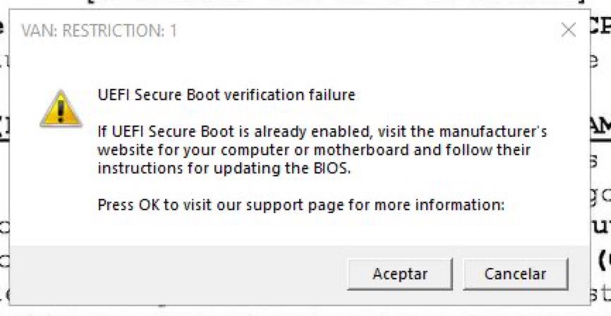 VALORANT me echó del juego tras un game con el mensaje de la primera foto.

Desde la BIOS activé el TPM, el Secure boot y el HVCI activando el aislamiento del núcleo tras activar la virtualización en la BIOS.

Con todo solucionado me salta el segundo error, no puede verificar que