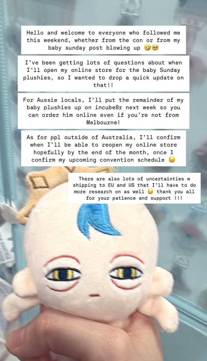 krispiacity's tweet image. for those of you asking about where/how to purchase a baby sunday plushie from me!!
I donβt have any confirmed cons until August atm, but I really really hope Iβll have the chance to bring my plushies to AVCon and SMASH! too π₯Ή