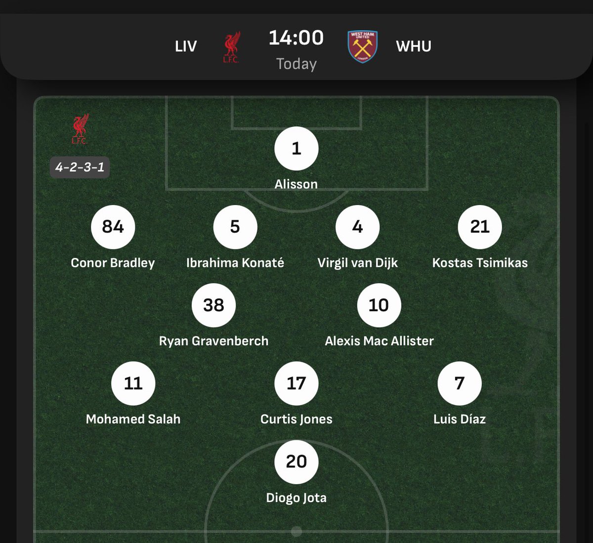WEFOOTBALL777's tweet photo. 2024-25 PREMIER LEAGUE MATCHWEEK 32
Sun 13 Apr 14:00 UKT - Liverpool vs West Ham starting XI
#wefootball777 #football #PremierLeague #EPL #matchweek32
#lfc #westhamunited https://t.co/88A0a0n55Q