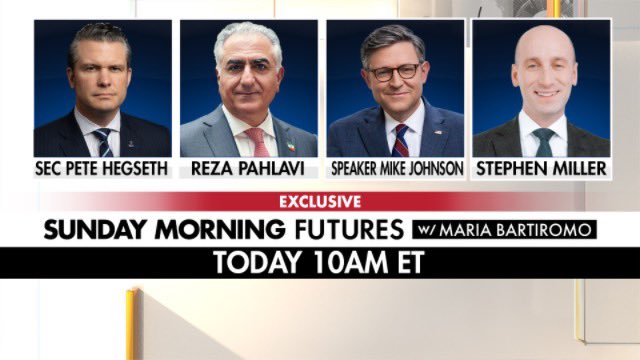 MariaBartiromo's tweet photo. GM it's a soggy #sunday in #NewYork but we have a fantastic show planned w important information   pls join us #live @SundayFutures @FoxNews 10am et w @SecDef @PeteHegseth 
@PahlaviReza 
@SpeakerJohnson 
@StephenM https://t.co/WsouqqE1lv