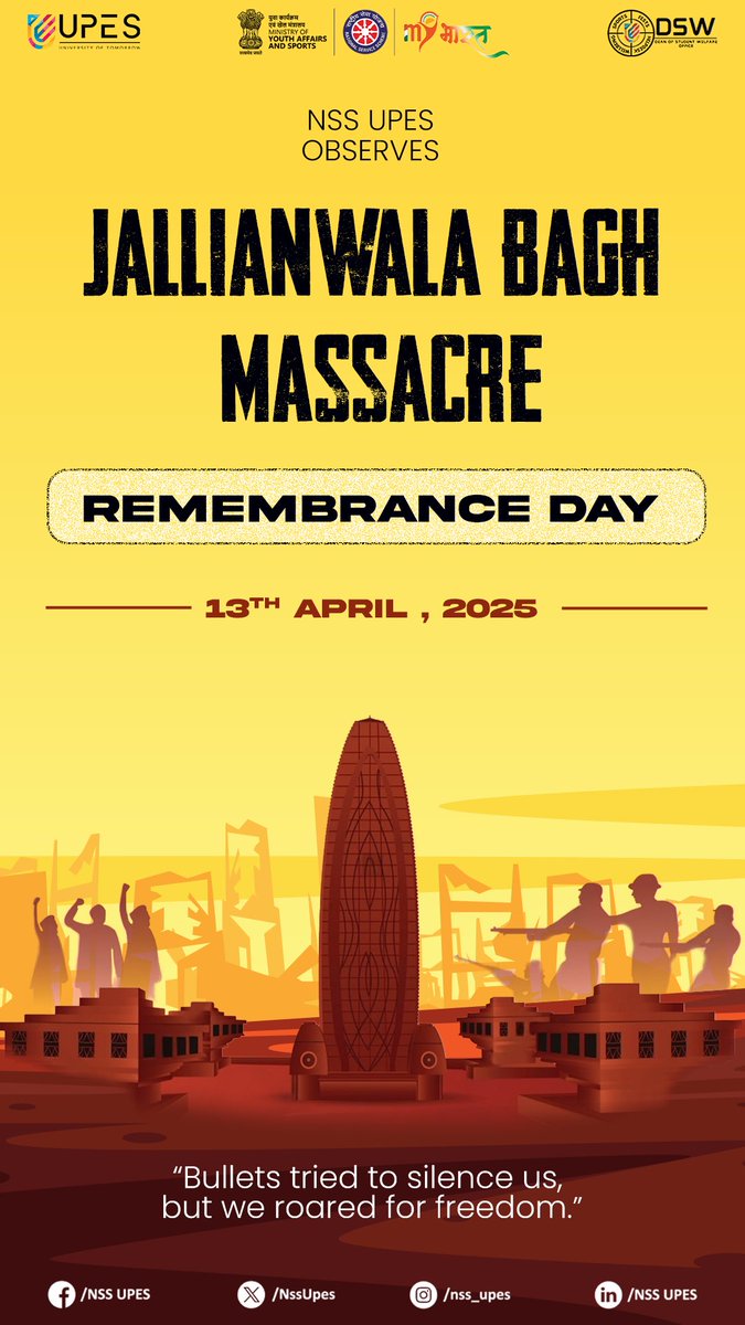 NssUpes's tweet photo. Remembering the martyrs of the Jallianwala Bagh massacre – a dark chapter in our history that ignited the flame of freedom.
NSS UPES pays heartfelt tribute to the innocent lives lost and salutes their unshakable courage. https://t.co/CLXNbPIYWn