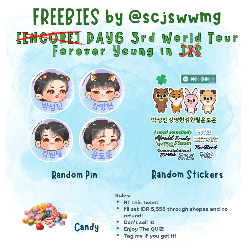 scjswwmg's tweet photo. annyeong mydaydeul 👋🏻🍀
karena aku gajadi nonton padahal freebiesku udah jadi banyak, so…
here we go!!

𝚏𝚛𝚎𝚎𝚋𝚒𝚎𝚜 𝙳𝚊𝚢𝟼 e̶n̶c̶o̶r̶e̶ 𝙵𝚘𝚛𝚎𝚟𝚎𝚛 𝚈𝚘𝚞𝚗𝚐

📌: J̶I̶S̶ ONLINE ONLY!!
📅: 25.4 - 5.5
🍊: 5,556 (no refund)
📦: Bekasi

please read the details below 🔽🔽 https://t.co/mJy854pDcn
